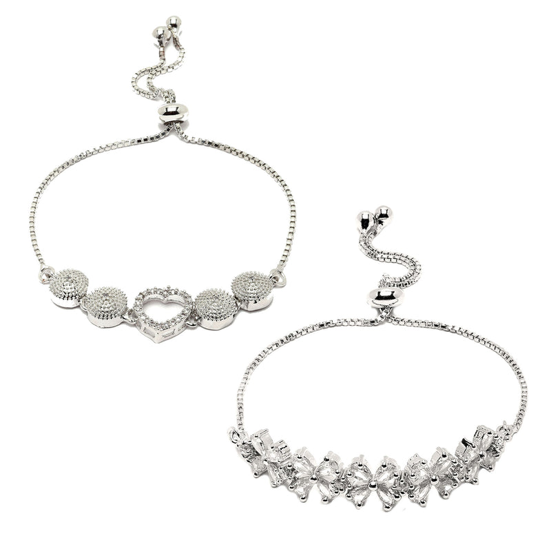 Rhodium Plated Silver Toned American Diamond Studded Heart Charm & White  Floral Design Adjustable Bracelet Combo Set of 2