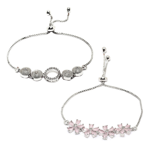 Rhodium Plated Silver Toned American Diamond Studded Round Charm & Pink Floral Design Adjustable Bracelet Combo Set of 2