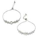 Rhodium Plated Silver Toned American Diamond Studded Square Charm & White Floral Design Adjustable Bracelet Combo Set of 2