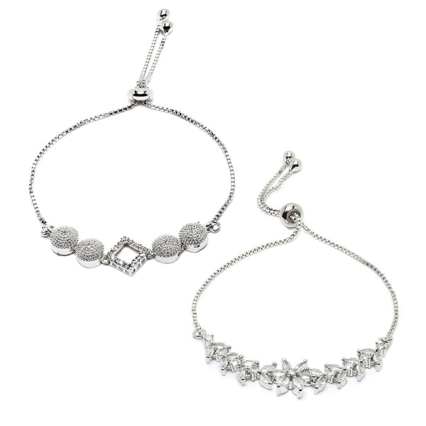 Rhodium Plated Silver Toned American Diamond Studded Square Charm & White Floral Design Adjustable Bracelet Combo Set of 2