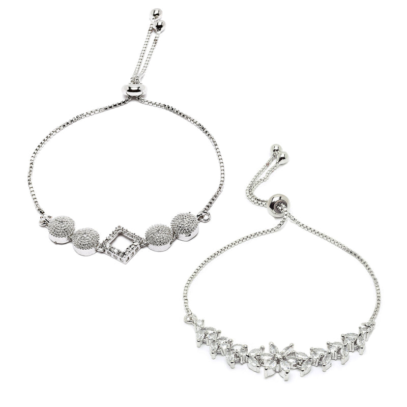 Rhodium Plated Silver Toned American Diamond Studded Square Charm & White Floral Design Adjustable Bracelet Combo Set of 2