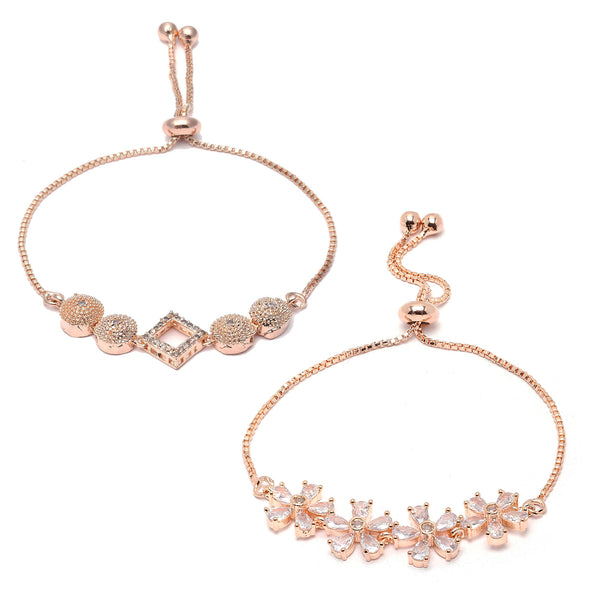 Rose Gold Plated Halo Square Charm Beaded & Pink Floral Design Set Of 2 Adjustable Stackable Bracelets