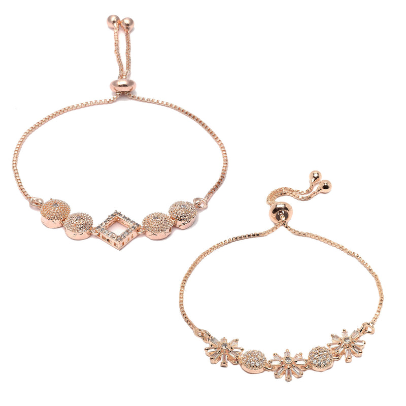 Rose Gold Plated Halo Square Charm Beaded & Floral Design Set Of 2 Adjustable  Stackable Bracelets