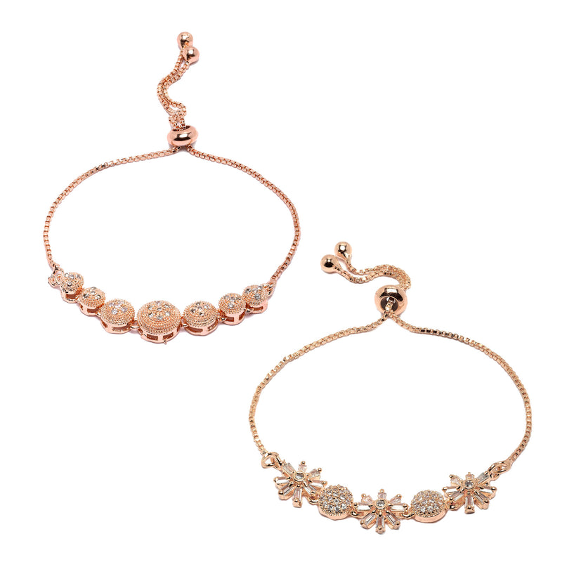 Rose Gold Plated Round Charm Beaded & Floral Design Set Of 2 Adjustable  Stackable Bracelets