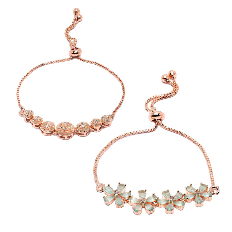 Rose Gold Plated Round Charm Beaded & Sea Green  Floral Design Set Of 2  Adjustable Stackable Bracelets