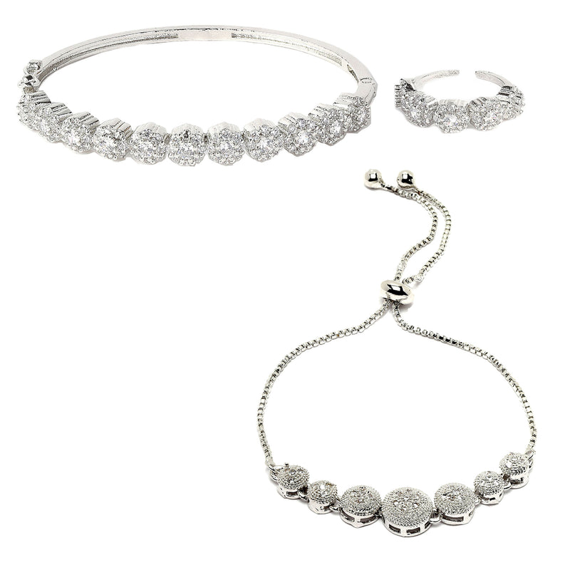Rhodium Plated Silver Toned American Diamond Studded  Round Charm Bracelet Combo Set of 2 With Ring