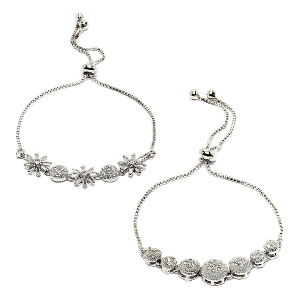 Rhodium Plated Silver Toned American Diamond Studded Floral Design & Round Charm Adjustable Bracelet Combo Set of 2