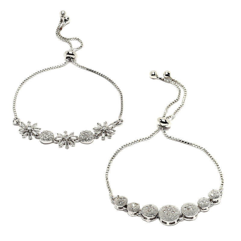 Rhodium Plated Silver Toned American Diamond Studded Floral Design & Round Charm Adjustable Bracelet Combo Set of 2