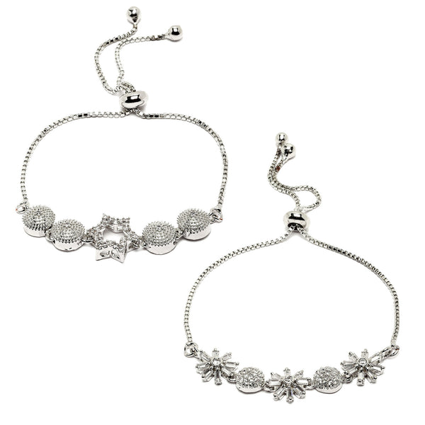 Rhodium Plated Silver Toned American Diamond Studded Halo Star Charm & Floral Design Adjustable Bracelet Combo Set of 2