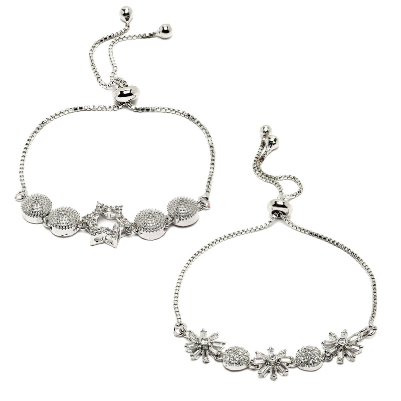 Rhodium Plated Silver Toned American Diamond Studded Halo Star Charm & Floral Design Adjustable Bracelet Combo Set of 2