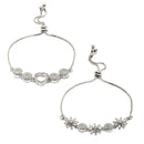 Rhodium Plated Silver Toned American Diamond Studded Halo Heart Charm & Floral Design Adjustable Bracelet Combo Set of 2