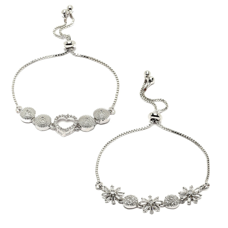 Rhodium Plated Silver Toned American Diamond Studded Halo Heart Charm & Floral Design Adjustable Bracelet Combo Set of 2