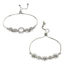 Rhodium Plated Silver Toned American Diamond Studded Halo Round Charm & Floral Design Adjustable Bracelet Combo Set of 2