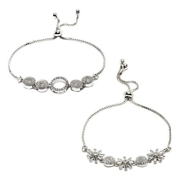 Rhodium Plated Silver Toned American Diamond Studded Halo Round Charm & Floral Design Adjustable Bracelet Combo Set of 2