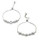 Rhodium Plated Silver Toned American Diamond Studded Square & Floral Charm Adjustable Bracelet Combo Set of 2