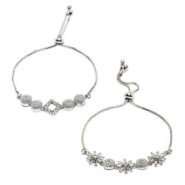 Rhodium Plated Silver Toned American Diamond Studded Square & Floral Charm Adjustable Bracelet Combo Set of 2