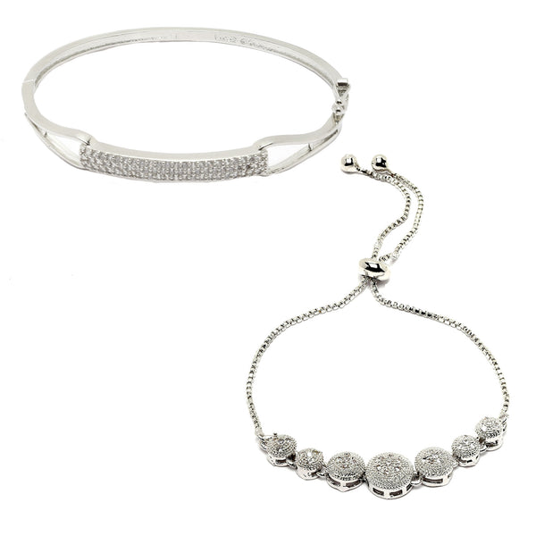 Rhodium Plated Silver Toned American Diamond Studded  Round Charm Adjustable Bracelet & Cuff Bracelet  Combo Set of 2