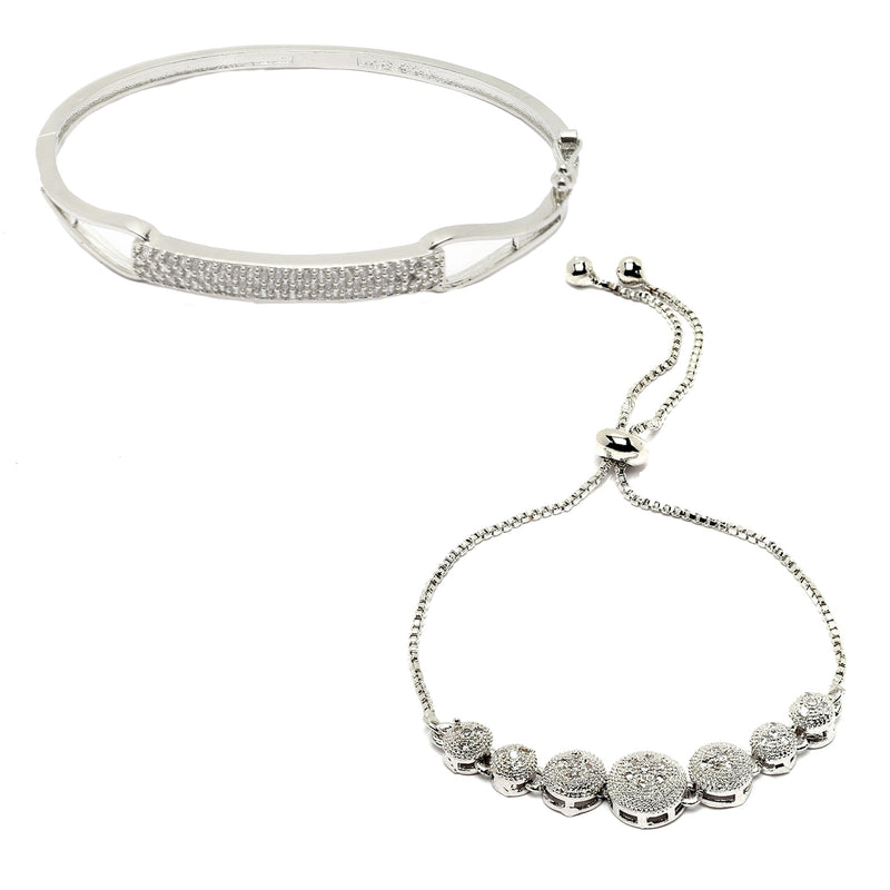 Rhodium Plated Silver Toned American Diamond Studded  Round Charm Adjustable Bracelet & Cuff Bracelet  Combo Set of 2