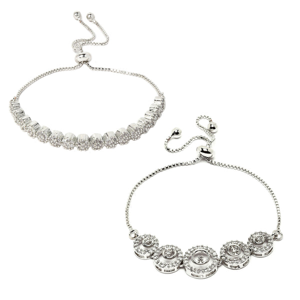 Rhodium Plated Silver Toned American Diamond Studded Round Design Charm Adjustable Bracelet Combo Set of 2