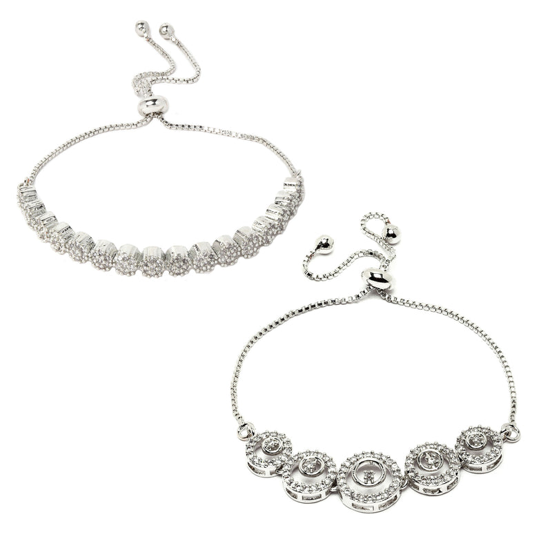 Rhodium Plated Silver Toned American Diamond Studded Round Design Charm Adjustable Bracelet Combo Set of 2