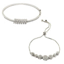 Rhodium Plated Silver Toned American Diamond Studded  Round Design Charm Adjustable Bracelet & Classic Cuff Bracelet Combo Set of 2
