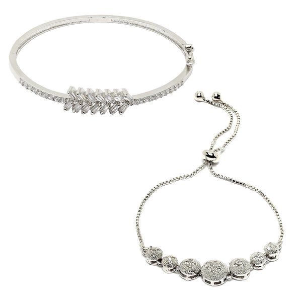 Rhodium Plated Silver Toned American Diamond Studded  Round Design Charm Adjustable Bracelet & Classic Cuff Bracelet Combo Set of 2