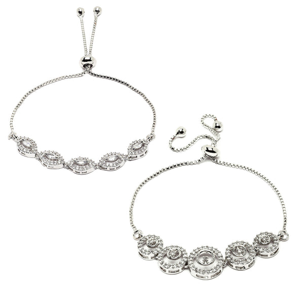 Rhodium Plated Silver Toned American Diamond Studded  Round Design Charm Adjustable Bracelet Combo Set of 2