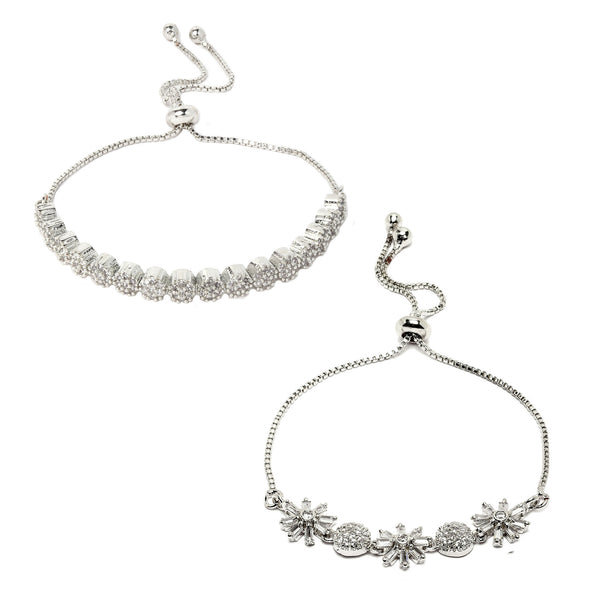 Rhodium Plated Silver Toned Round Charm Beaded & Floral Set Of 2 Adjustable Stackable  Bracelet