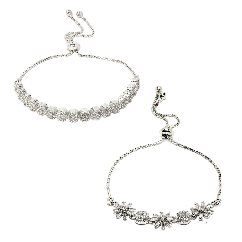 Rhodium Plated Silver Toned Round Charm Beaded & Floral Set Of 2 Adjustable Stackable  Bracelet