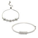 Rhodium Plated Silver Toned Floral Design Set Of 2 Adjustable Bracelet & Classic Bracelet