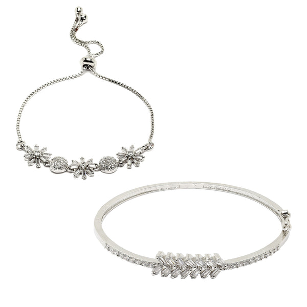 Rhodium Plated Silver Toned Floral Design Set Of 2 Adjustable Bracelet & Classic Bracelet