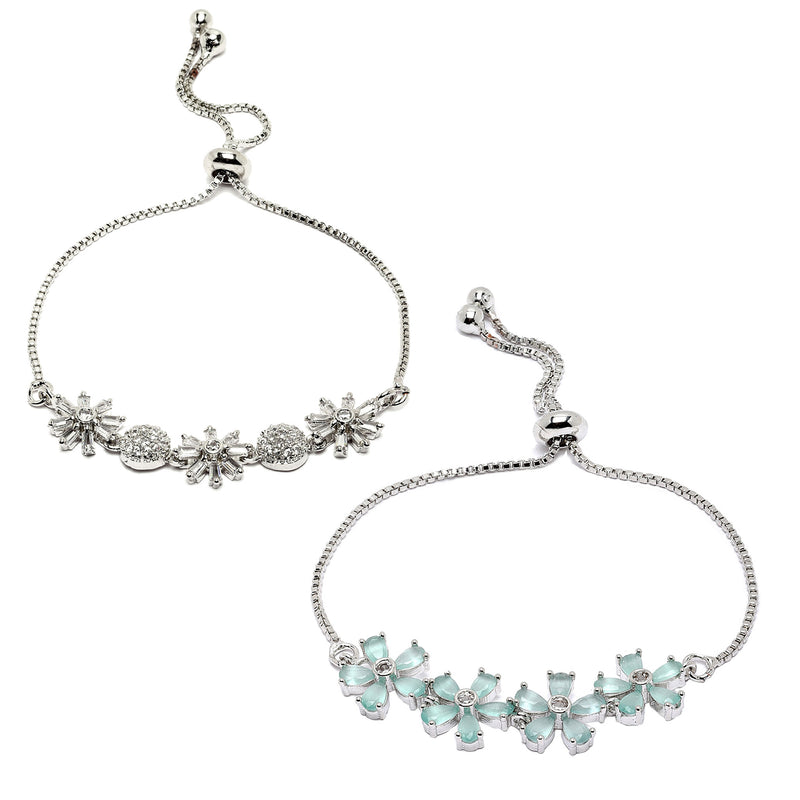 Rhodium Plated Silver Toned Sea Green Floral Set Of 2 Adjustable Stackable Bracelet