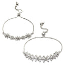 Rhodium Plated Silver Toned White Floral Set Of 2 Adjustable Stackable Bracelet