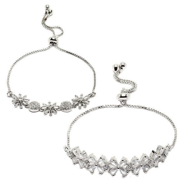 Rhodium Plated Silver Toned White Floral Set Of 2 Adjustable Stackable Bracelet