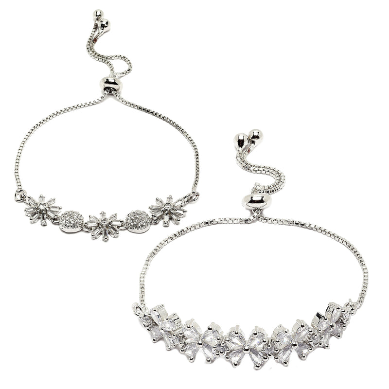 Rhodium Plated Silver Toned White Floral Set Of 2 Adjustable Stackable Bracelet