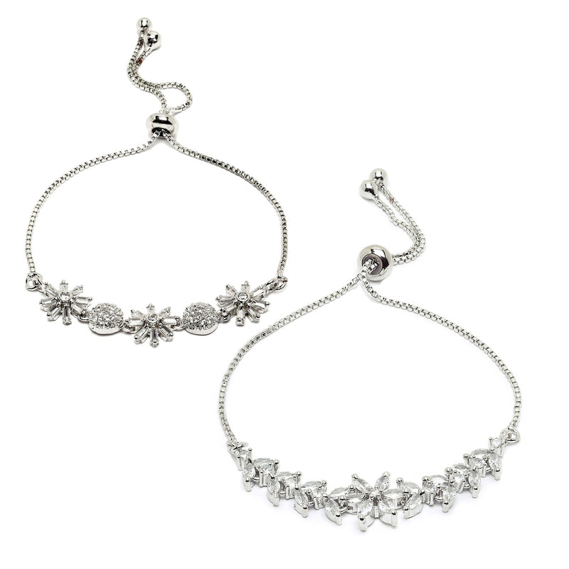 Rhodium Plated Silver Toned White Floral Set Of 2 Adjustable Stackable Bracelet