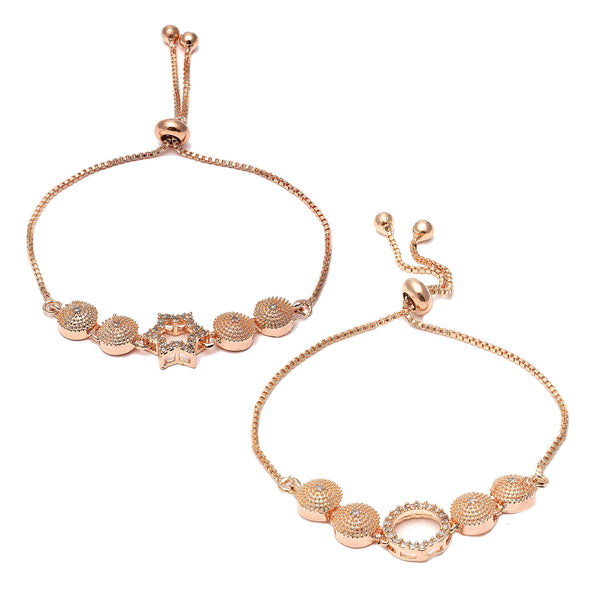 Rose Gold Plated Halo Star & Round Charm Beaded Set Of 2 Adjustable Stackable Bracelet