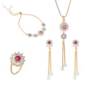 Gold-Plated Red Stone Asscher Shaped American Diamond Jewellery Set Combo