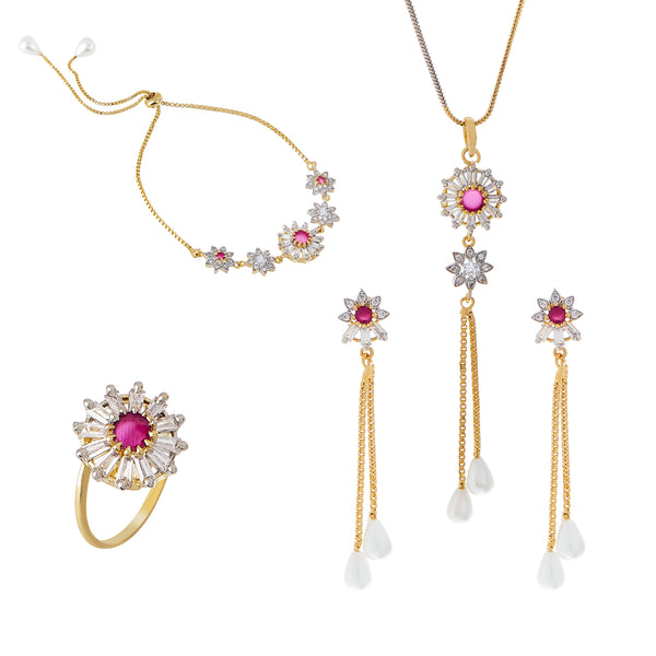 Gold-Plated Red Stone Asscher Shaped American Diamond Jewellery Set Combo