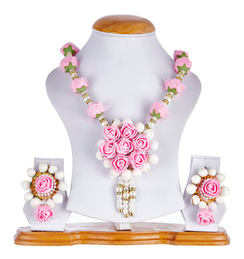 Gold-Plated Pink & White Pearl Gota Patti Flower Jewellery Set Combo ( Haldi, Mehndi, Bridal Shower )