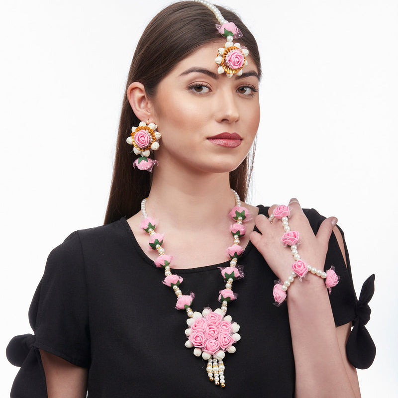 Gold-Plated Pink & White Pearl Gota Patti Flower Jewellery Set Combo ( Haldi, Mehndi, Bridal Shower )