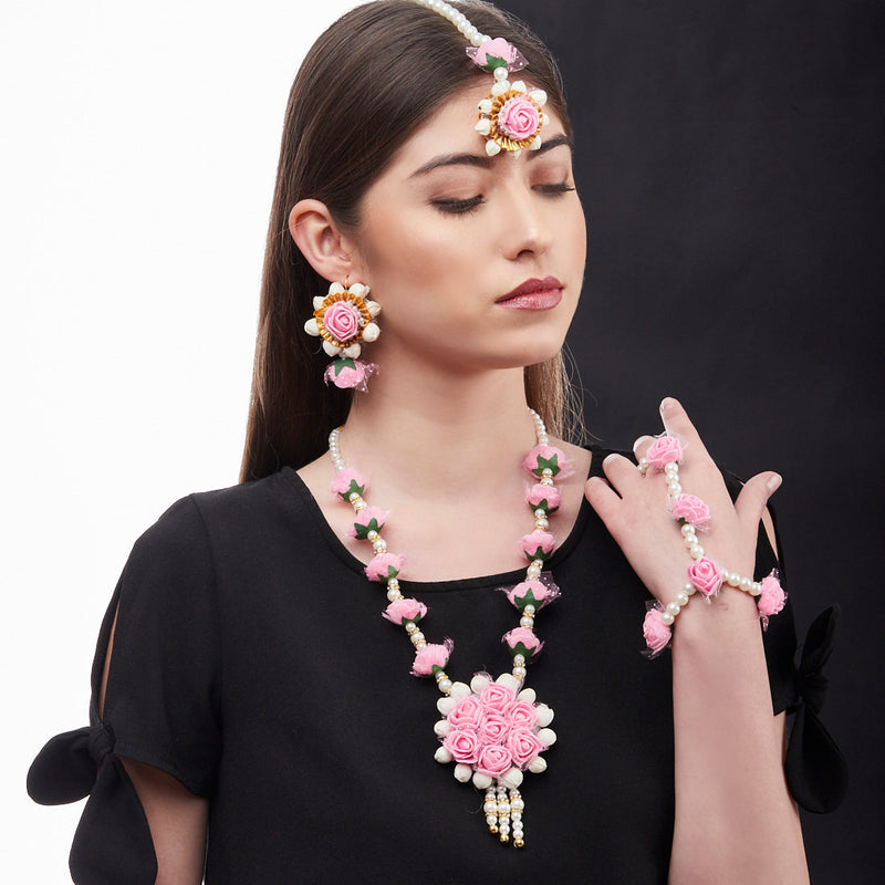 Gold-Plated Pink & White Pearl Gota Patti Flower Jewellery Set Combo ( Haldi, Mehndi, Bridal Shower )