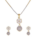 Gold Plated White American Diamond Studded Floral Design Pendant Combo Set With Adjustable Bracelet & Ring