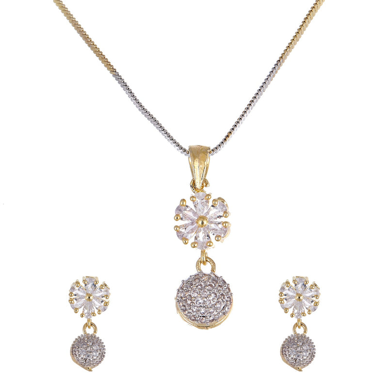 Gold Plated White American Diamond Studded Floral Design Pendant Combo Set With Adjustable Bracelet & Ring