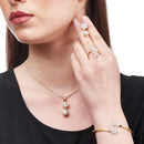 Gold Plated White American Diamond Studded Floral Design Pendant Combo Set With Adjustable Bracelet & Ring