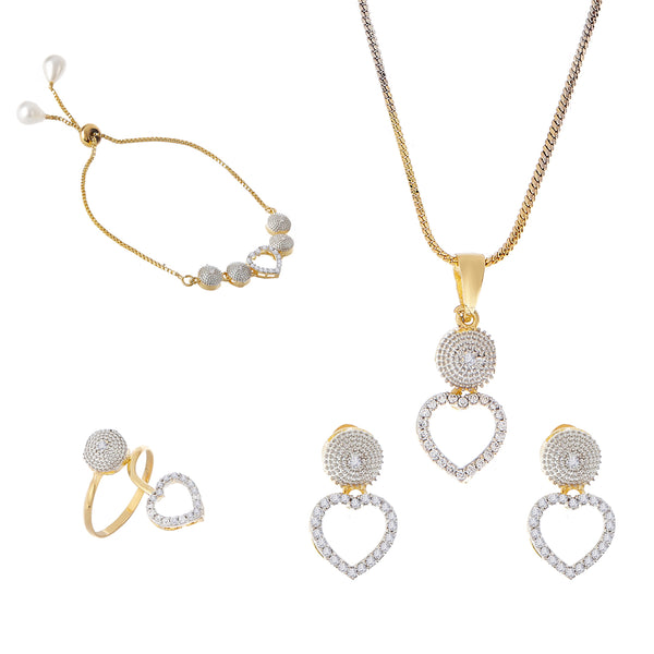 Heart Shaped White & Gold-Plated American Diamond Studded Jewellery Set Combo