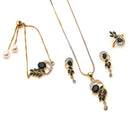 Gold Plated Black Oval American Diamond Studded Pendant Combo Set With Adjustable Bracelet & Ring