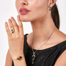 Gold Plated Black Oval American Diamond Studded Pendant Combo Set With Adjustable Bracelet & Ring