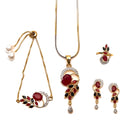 Gold Plated Red Oval American Diamond Studded Pendant Combo Set With Adjustable Bracelet & Ring