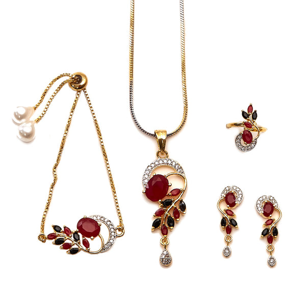 Gold Plated Red Oval American Diamond Studded Pendant Combo Set With Adjustable Bracelet & Ring